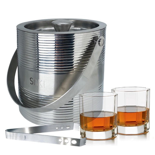 SAKI Metallic Ripple Stainless Steel Ice Bucket with Crystal Whiskey Glass