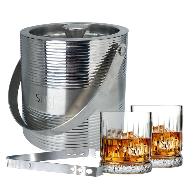 SAKI Metallic Ripple Stainless Steel Ice Bucket with Trendy Whiskey Glass