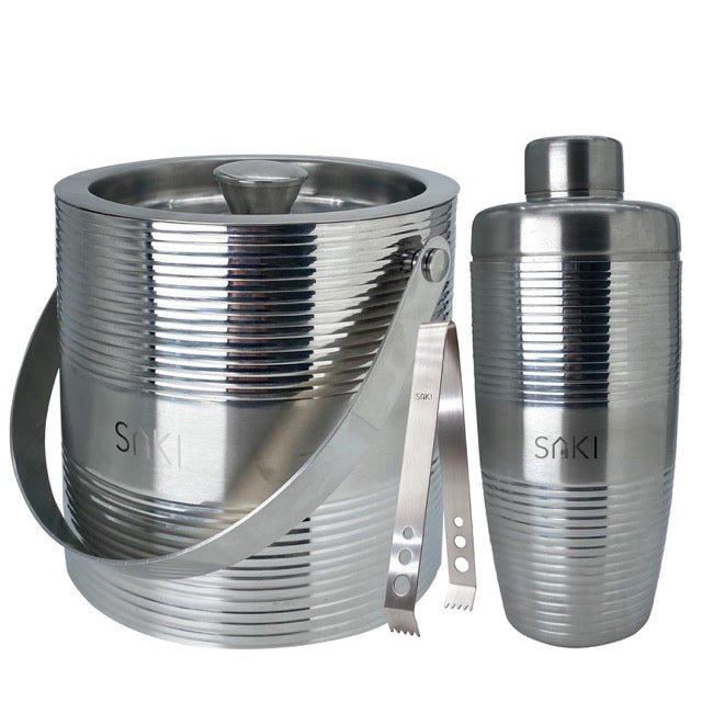 SAKI Metallic Ripple Stainless Steel Ice Bucket &amp; Cocktail Shaker Combo