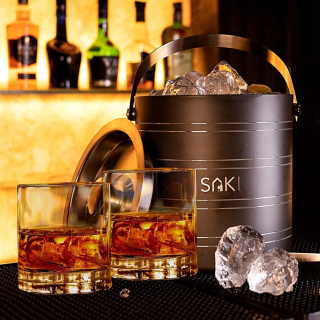 SAKI Gunmetal Stainless Steel Ice Bucket with Old Fashioned Whiskey Glass