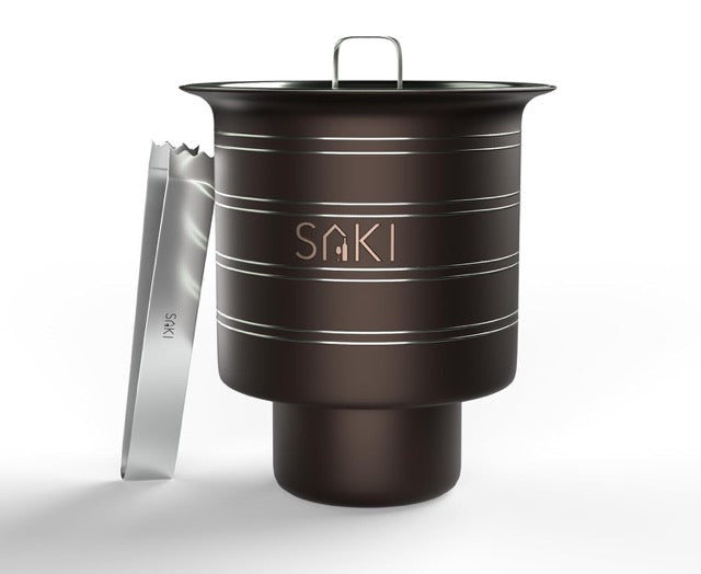 SAKI Stainless Steel Double Ring Wall Mini Ice Bucket with Tong - Gun Metal Ring Design
