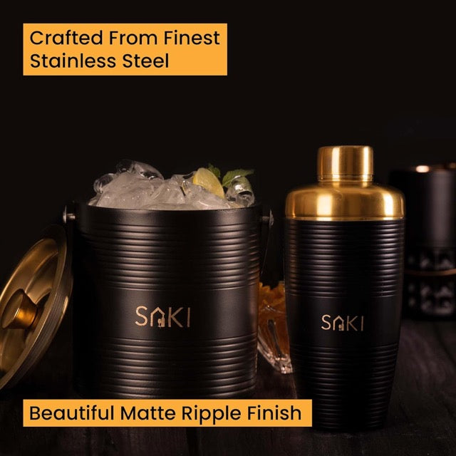 SAKI Matte Ripple Stainless Steel Ice Bucket &amp; Cocktail Shaker Combo