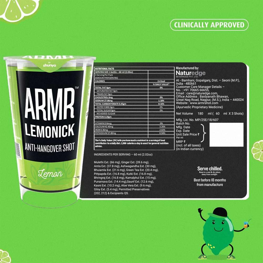 ARMR Anti Hangover Shots Lemonick - 60ml (Pack Size) Boozlo