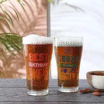 Aaj Khush To Bahut hoge tum-best birthday ever beer glass - 360 ml (Set of 2) Boozlo