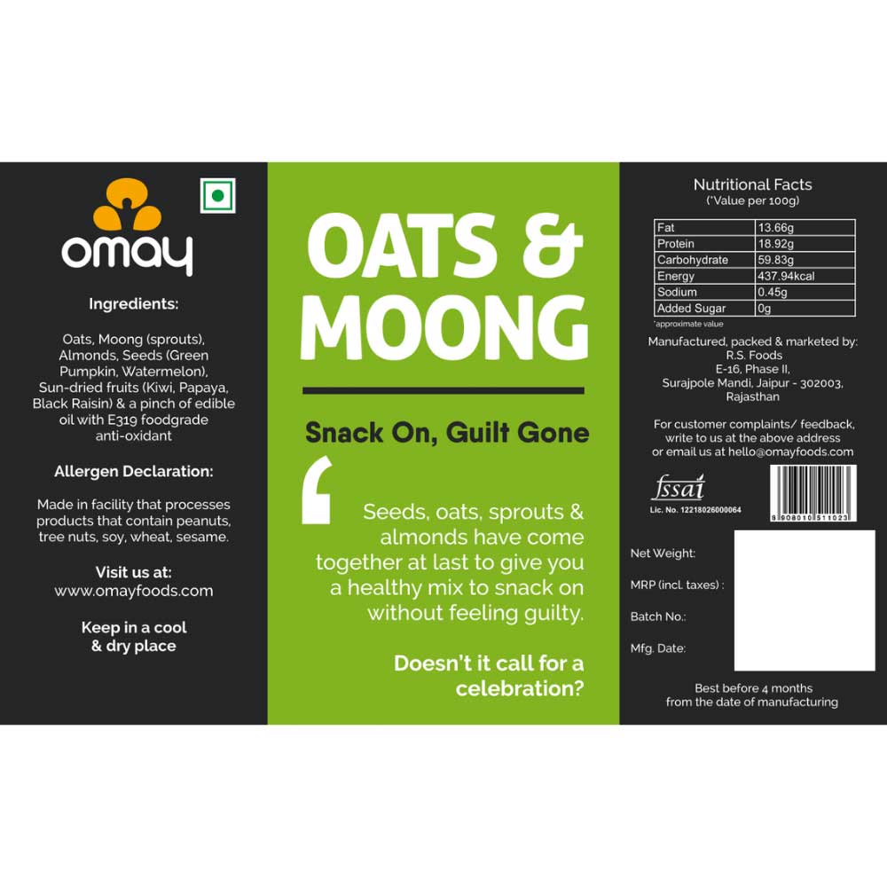 Omay Foods Oats &amp; Moong Mix 400 gms Pouch-Nuts &amp; Seeds-Boozlo
