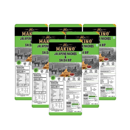 Makino Tray Pack with Jalapeno Nachos &amp; Salsa Dip - 80gms each (Pack of 6)-Boozlo