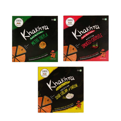 Svaras Premium Assorted Flavours Methi Thepla, Mexican Smoked Chipotle, American Sour Cream &amp; Onion Khakhra 200gms Each (Pack of 3)-Boozlo