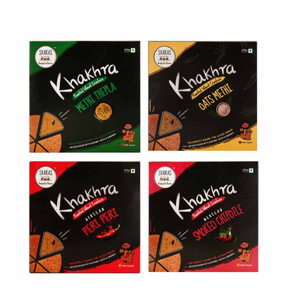 Svaras Premium Assorted Flavours Methi Thepla, Oats Methi, African Peri Peri, Mexican Smoked Chipotle Khakhra 200gms Each (Pack of 4)-Boozlo