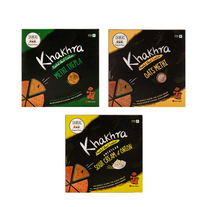 Svaras Premium Assorted Flavours Methi Thepla, Oats Methi, American Sour Cream &amp; Onion Khakhra 200gms Each (Pack of 3)-Boozlo