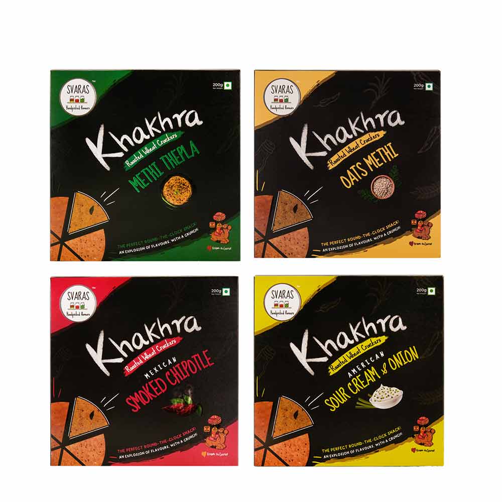 Svaras Premium Assorted Flavours Methi Thepla, Oats Methi, Mexican Smoked Chipotle, American Sour Cream &amp; Onion Khakhra 200gms Each (Pack of 4)-Boozlo