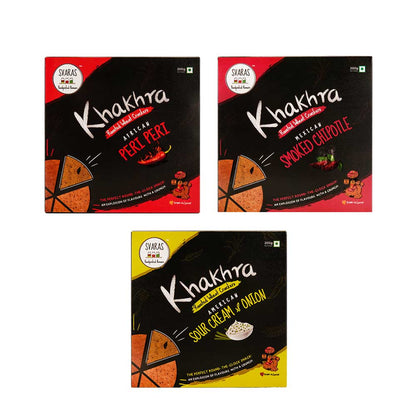 Svaras Premium Assorted Flavours African Peri Peri, Mexican Smoked Chipotle, American Sour Cream &amp; Onion Khakhra 200gms Each (Pack of 3)-Boozlo