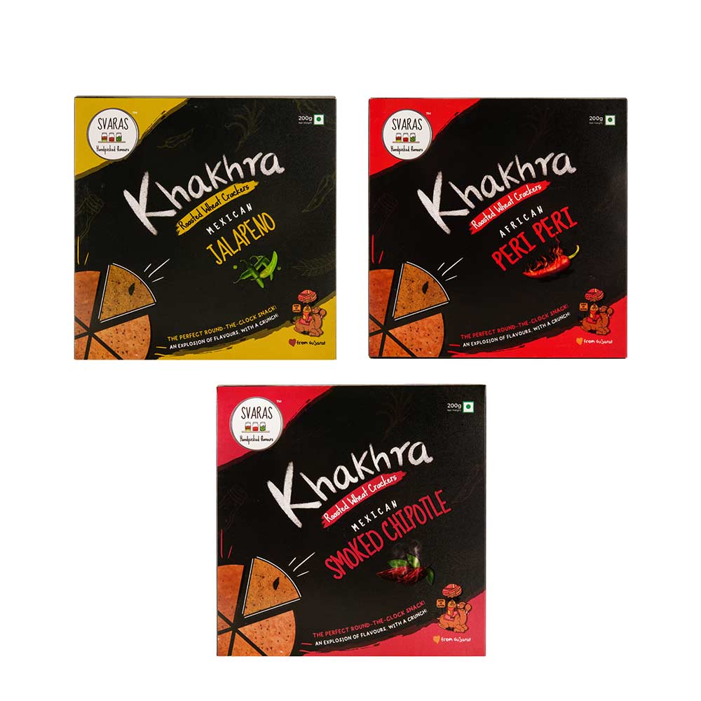 Svaras Premium Assorted Flavours Mexican Jalapeno, African Peri Peri, Mexican Smoked Chipotle Khakhra 200gms Each (Pack of 3)-Boozlo
