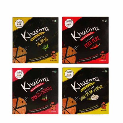 Svaras Premium Assorted Flavours Mexican Jalapeno, African Peri Peri, Mexican Smoked Chipotle, American Sour Cream &amp; Onion Khakhra 200gms Each (Pack of 4)-Boozlo
