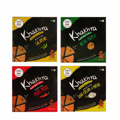 Svaras Premium Assorted Flavours Mexican Jalapeno, Methi Thepla, African Peri Peri, American Sour Cream &amp; Onion Khakhra 200gms Each (Pack of 4)-Boozlo
