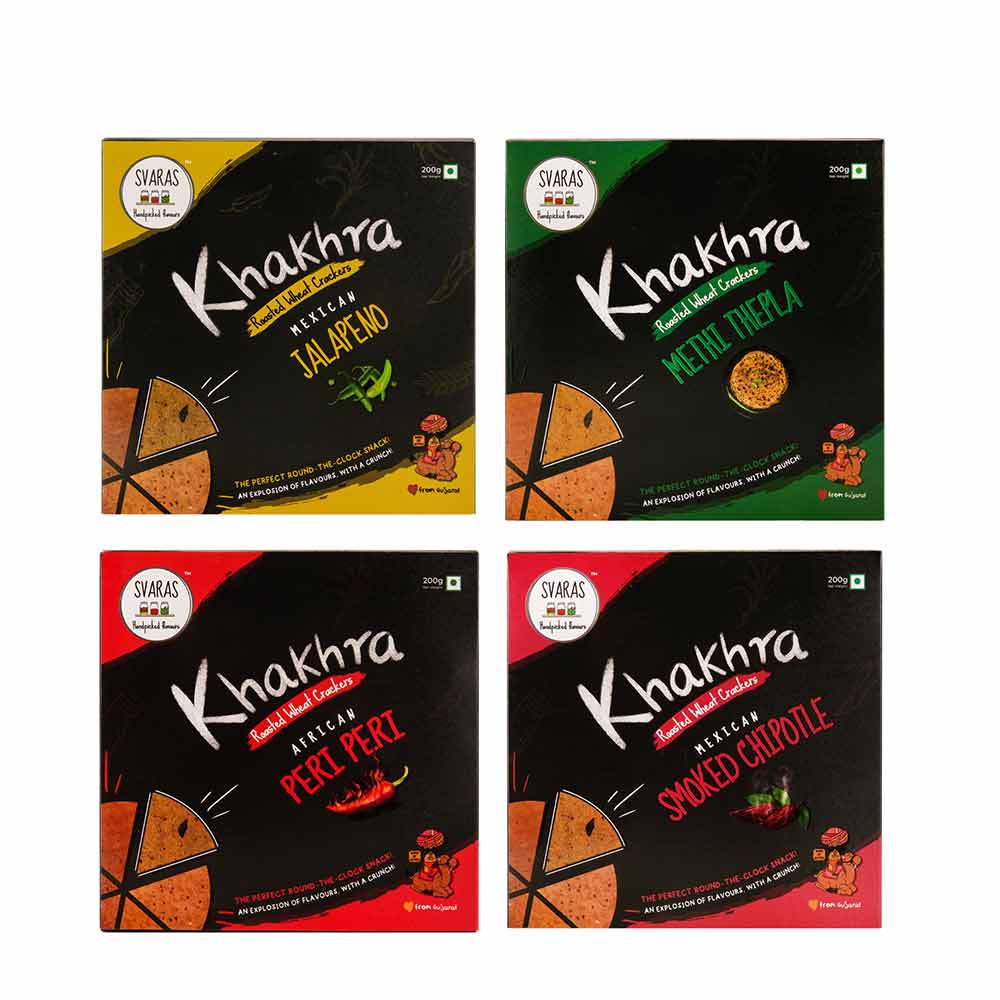 Svaras Premium Assorted Flavours Mexican Jalapeno, Methi Thepla, African Peri Peri, Mexican Smoked Chipotle Khakhra 200gms Each (Pack of 4)-Boozlo