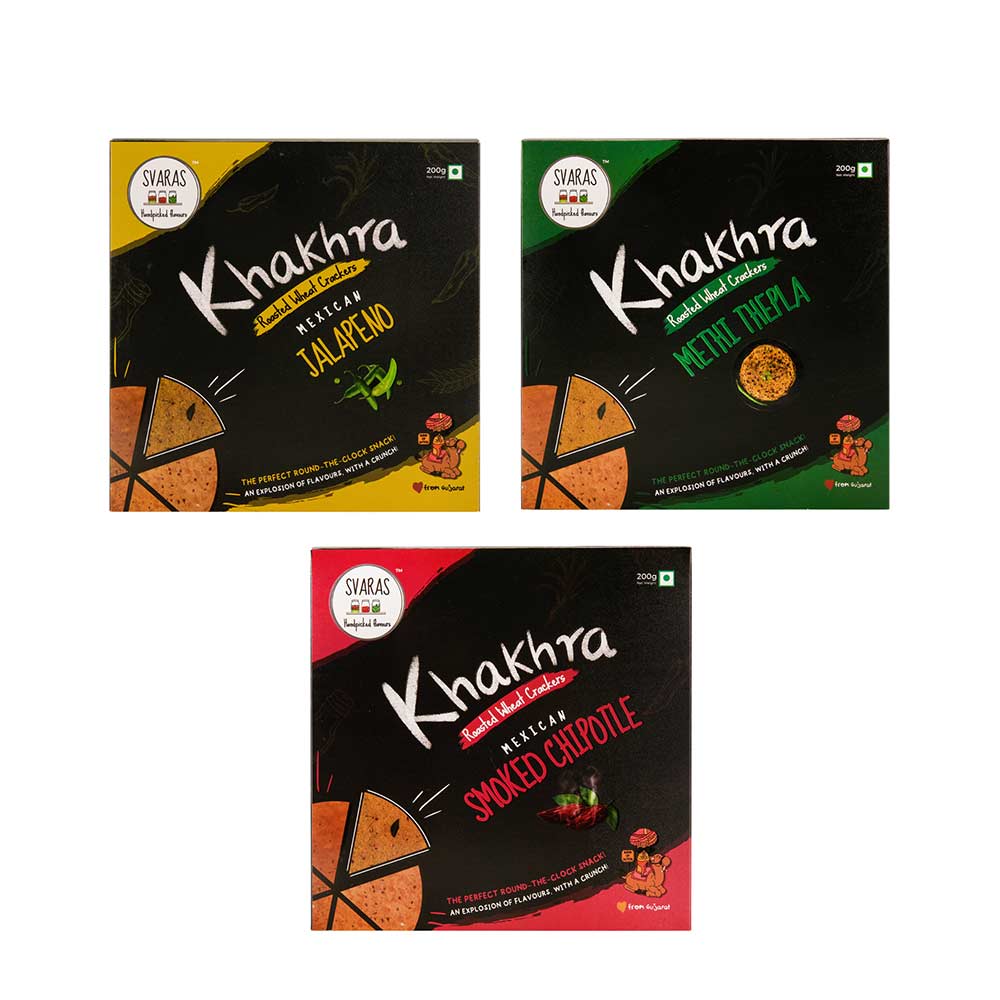 Svaras Premium Assorted Flavours Mexican Jalapeno, Methi Thepla, Mexican Smoked Chipotle Khakhra 200gms Each (Pack of 3)-Boozlo