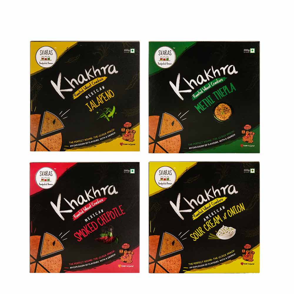 Svaras Premium Assorted Flavours Mexican Jalapeno, Methi Thepla, Mexican Smoked Chipotle, American Sour Cream &amp; Onion Khakhra 200gms Each (Pack of 4)-Boozlo