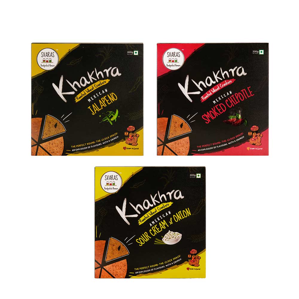 Svaras Premium Assorted Flavours Mexican Jalapeno, Mexican Smoked Chipotle, American Sour Cream &amp; Onion Khakhra 200gms Each (Pack of 3)-Boozlo