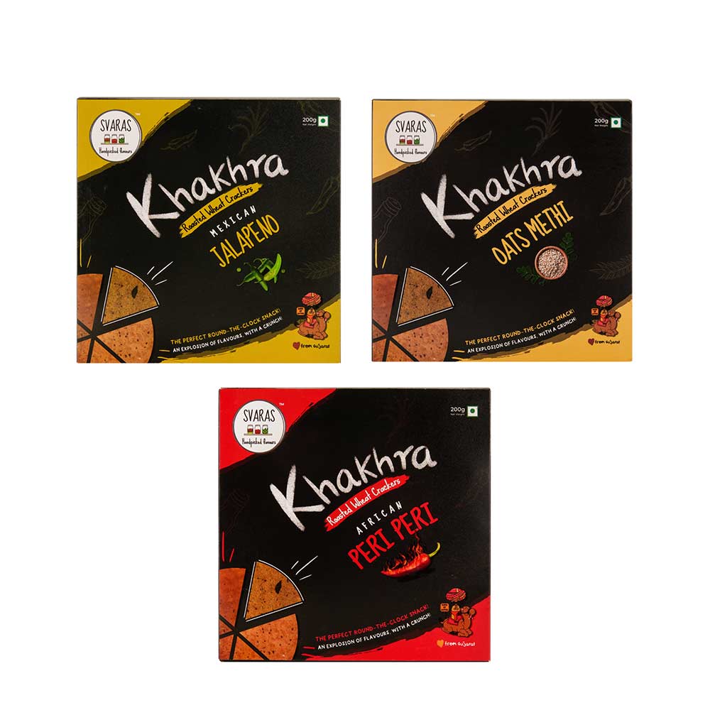 Svaras Premium Assorted Flavours Mexican Jalapeno, Oats Methi, African Peri Peri Khakhra 200gms Each (Pack of 3)-Boozlo