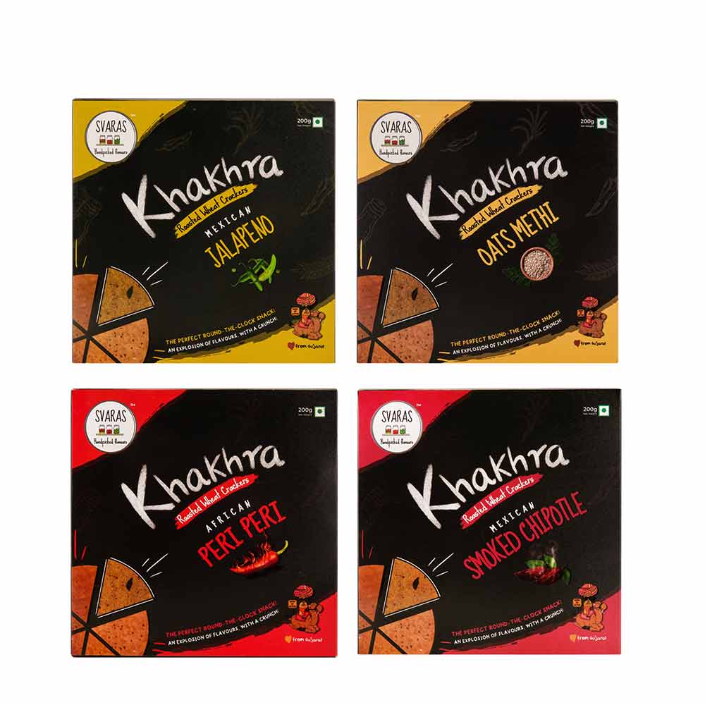 Svaras Premium Assorted Flavours Mexican Jalapeno, Oats Methi, African Peri Peri, Mexican Smoked Chipotle Khakhra 200gms Each (Pack of 4)-Boozlo