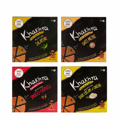 Svaras Premium Assorted Flavours Mexican Jalapeno, Oats Methi, Mexican Smoked Chipotle, American Sour Cream &amp; Onion Khakhra 200gms Each (Pack of 4)-Boozlo