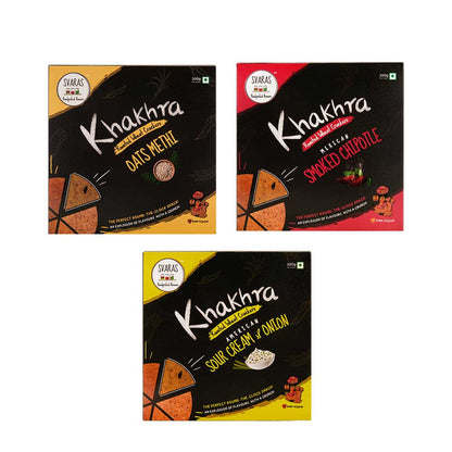Svaras Premium Assorted Flavours Oats Methi, Mexican Smoked Chipotle, American Sour Cream &amp; Onion Khakhra 200gms Each (Pack of 3)-Boozlo