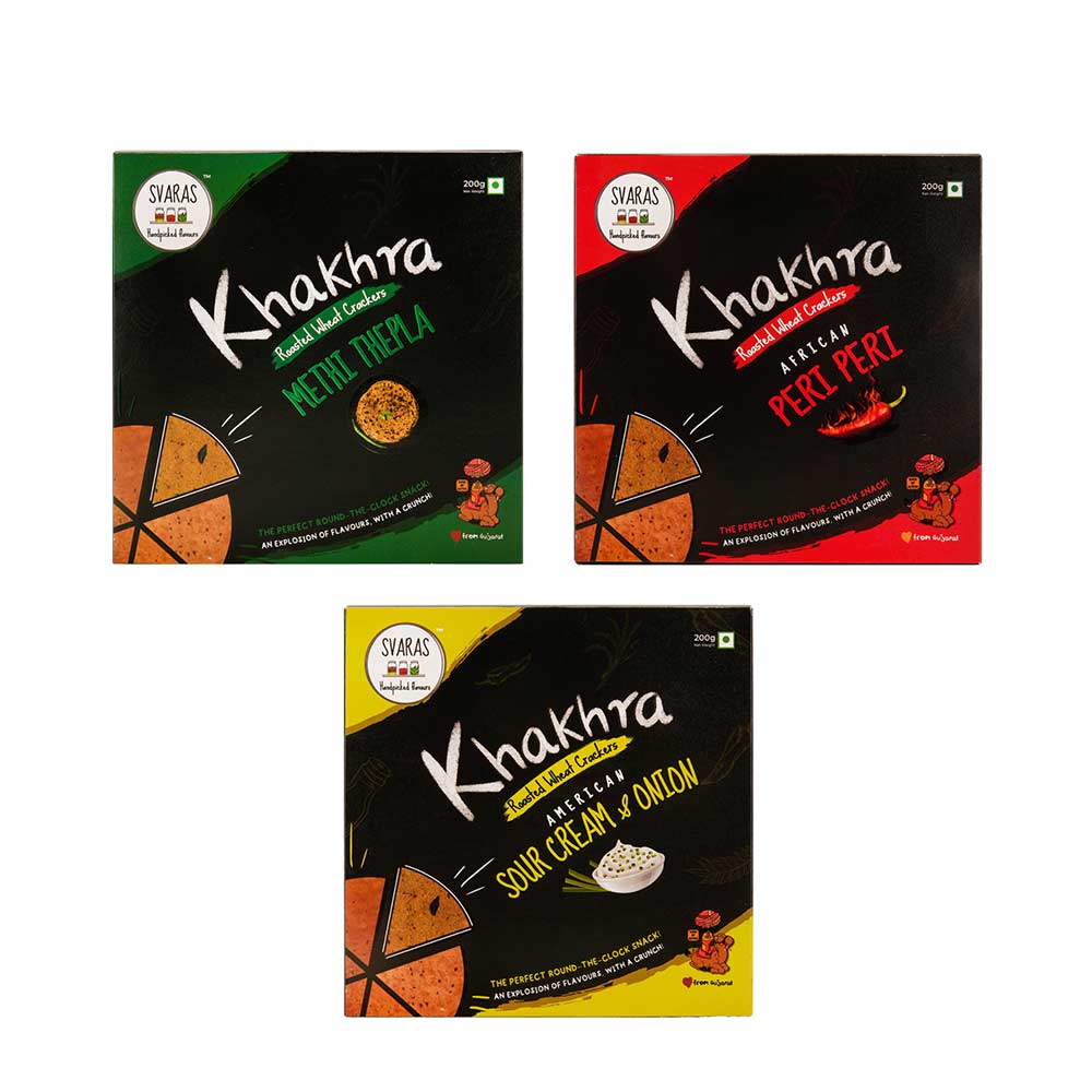 Svaras Premium Assorted Flavours Methi Thepla, African Peri Peri, American Sour Cream &amp; Onion Khakhra 200gms Each (Pack of 3)-Boozlo