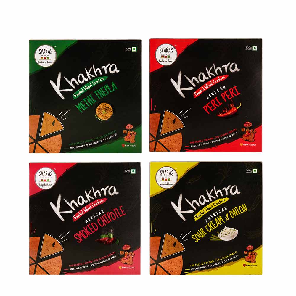 Svaras Premium Assorted Flavours Methi Thepla, African PeriPeri, Mexican Smoked Chipotle, American Sour Cream &amp; Onion Khakhra 200gms Each (Pack of 4)-Boozlo