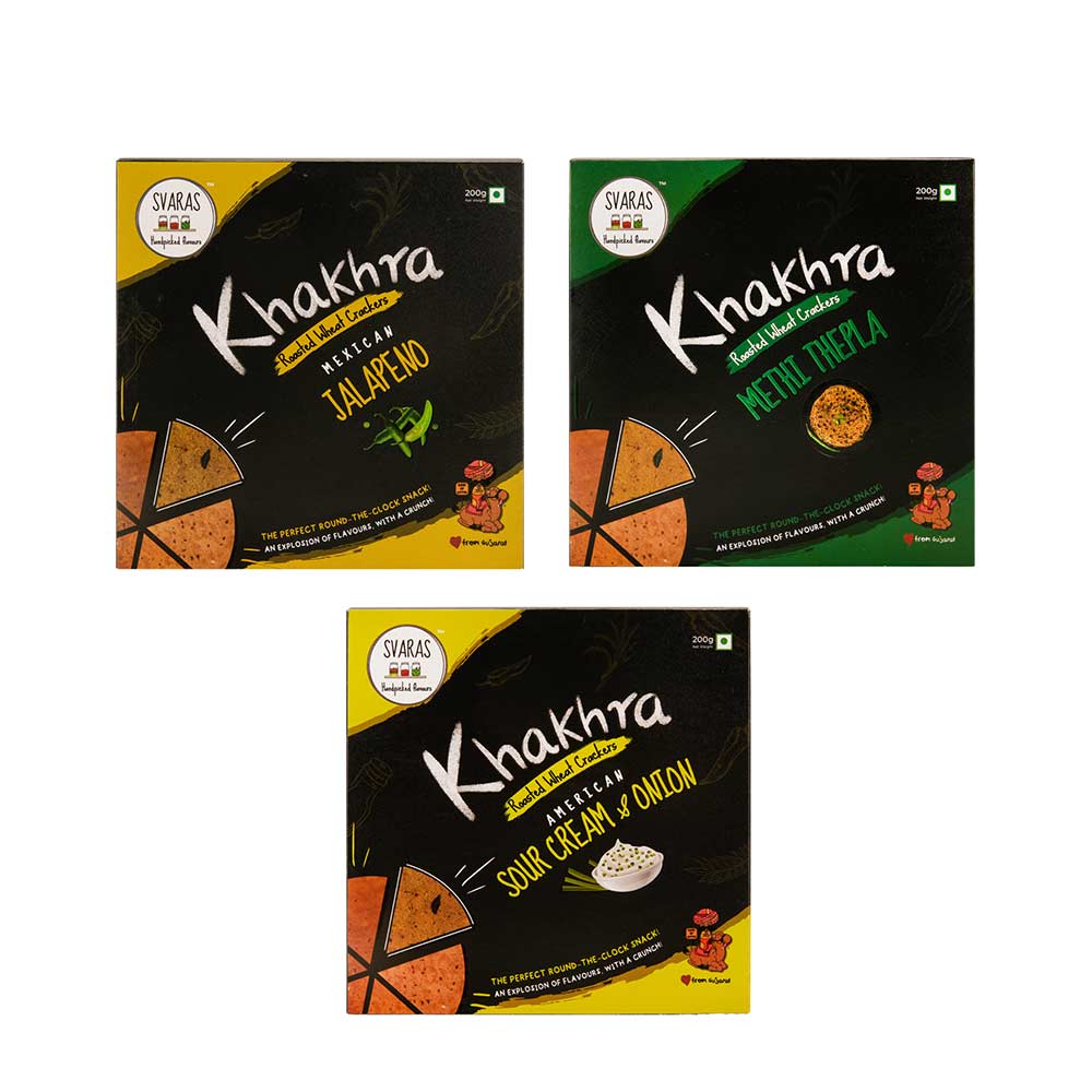 Svaras Khakhra Premium Assorted Flavours Mexican Jalapeno, Methi Thepla, American Sour Cream &amp; Onion 200gms (Pack of 3)-Boozlo