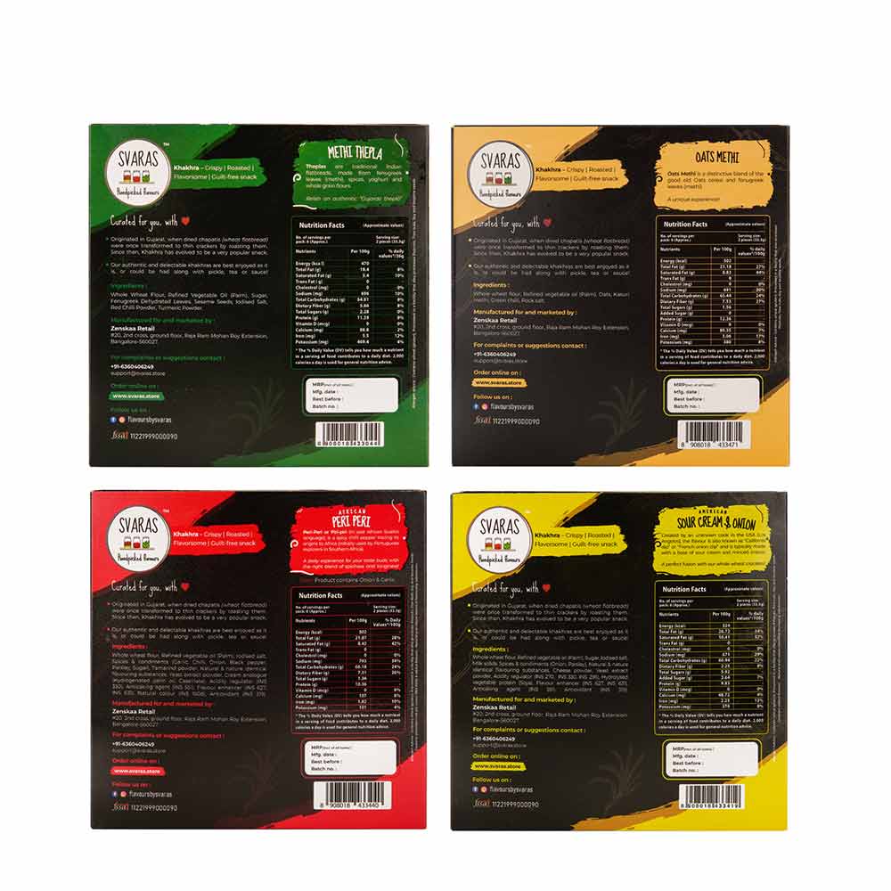 Svaras Premium Assorted Flavours Methi Thepla, Oats Methi, African Peri Peri, American Sour Cream &amp; Onion Khakhra 200gms Each (Pack of 4)-Boozlo