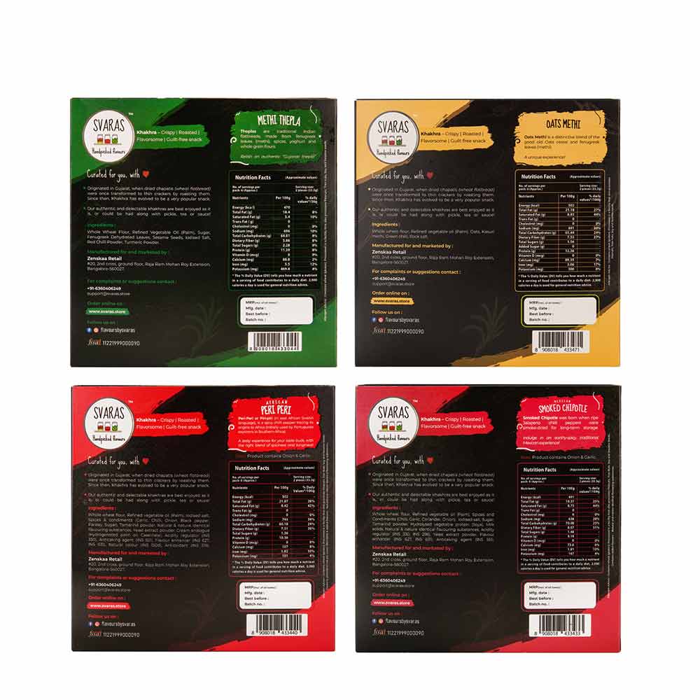 Svaras Premium Assorted Flavours Methi Thepla, Oats Methi, African Peri Peri, Mexican Smoked Chipotle Khakhra 200gms Each (Pack of 4)-Boozlo