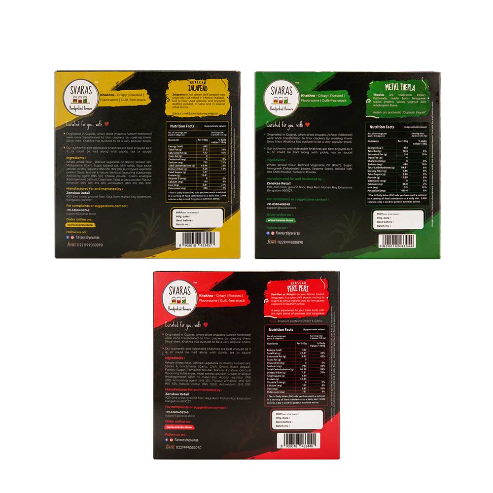 Svaras Premium Assorted Flavours Mexican Jalapeno, Methi Thepla, African Peri Peri - 200gms (Pack of 3)-Boozlo
