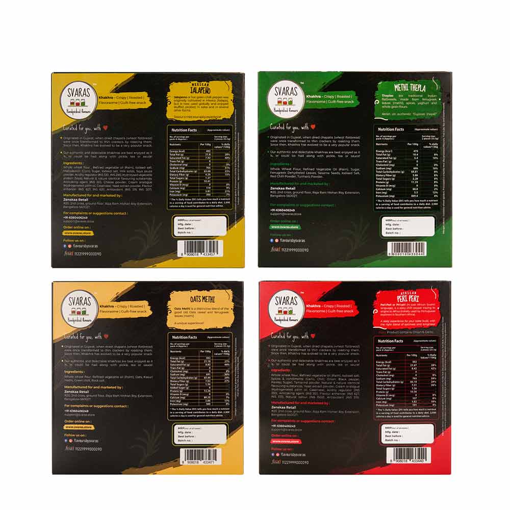 Svaras Premium Assorted Flavours Mexican Jalapeno, Methi Thepla, Oats Methi, African Peri Peri Khakhra 200gms Each (Pack of 4)-Boozlo