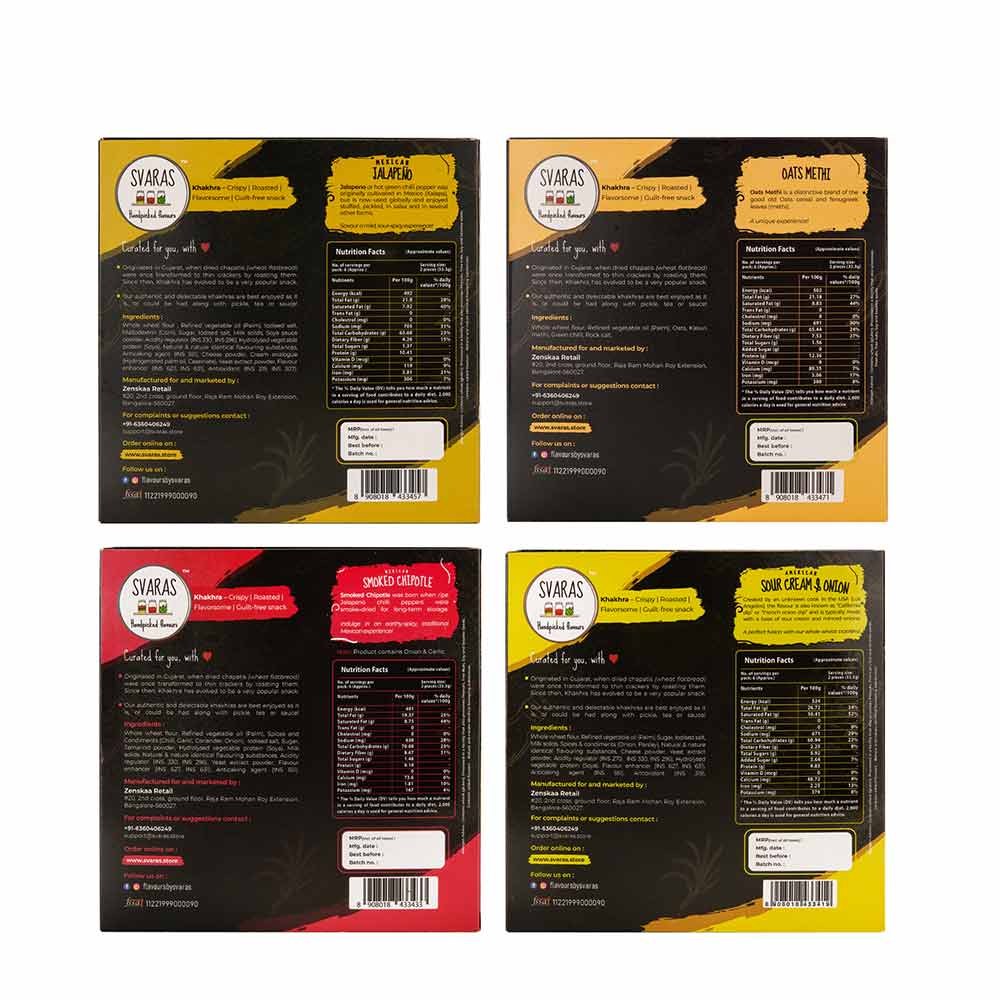 Svaras Premium Assorted Flavours Mexican Jalapeno, Oats Methi, Mexican Smoked Chipotle, American Sour Cream &amp; Onion Khakhra 200gms Each (Pack of 4)-Boozlo