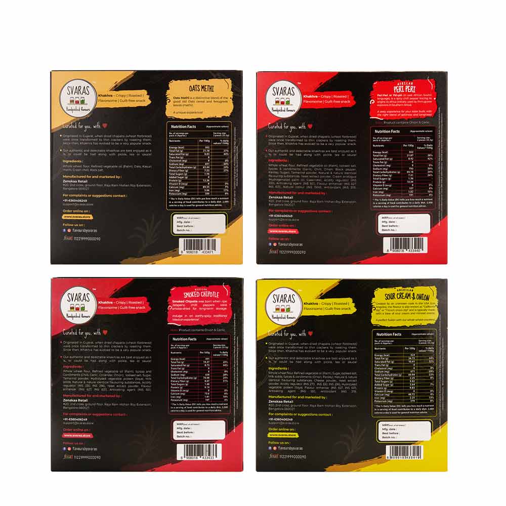 Svaras Premium Assorted Flavours Oats Methi, African Peri Peri, Mexican Smoked Chipotle, American Sour Cream &amp; Onion Khakhra 200gms Each (Pack of 4)-Boozlo