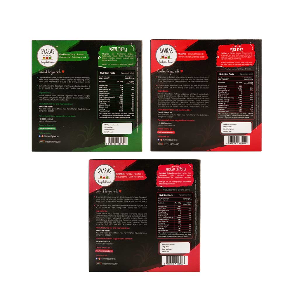 Svaras Premium Assorted Flavours Methi Thepla, African Peri Peri, Mexican Smoked Chipotle Khakhra 200gms Each (Pack of 3)-Boozlo