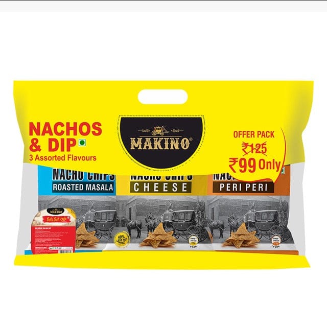 Makino Combo Bag with 3 Assorted Nachos &amp; 1 Salsa Dip (180gms + 40gms)-Boozlo