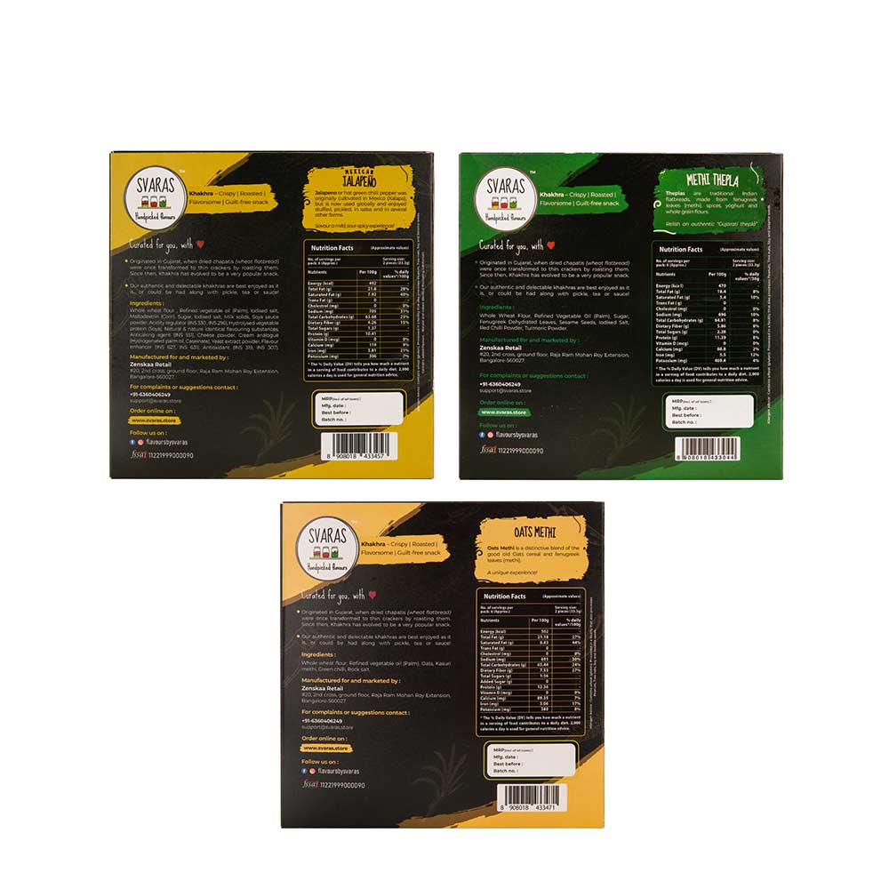 Svaras Premium Assorted Flavours Mexican Jalapeno, Methi Thepla, Oats Methi - 200gms (Pack of 3)-Boozlo