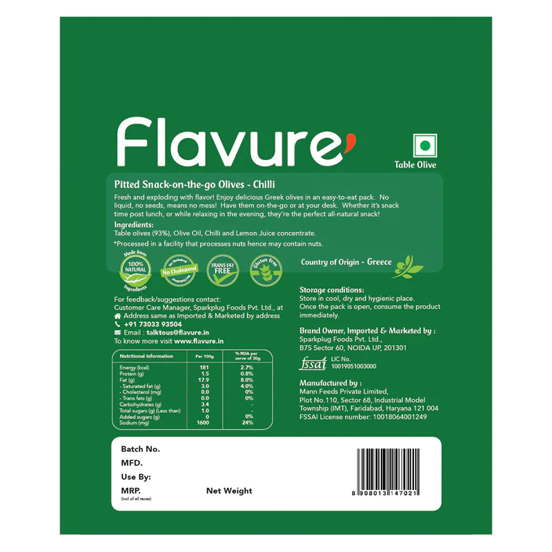 Flavure Snack-on-the-go Olives Chilli - 30gms each (Pack of 12)-Boozlo