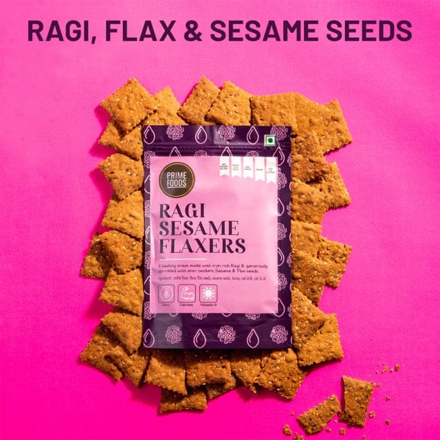Prime Foods Ragi Crackers with Sesame and Flax Seeds - 80gms each (Pack of 4)-Boozlo