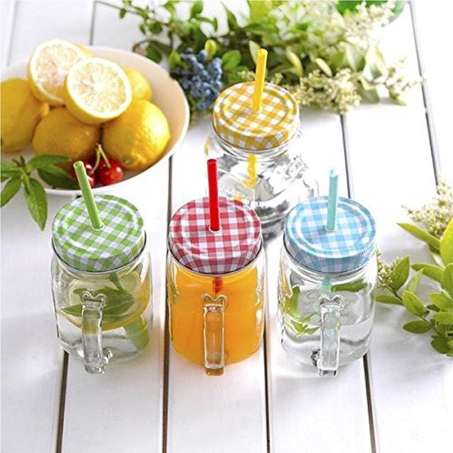 The Bar Shop Transparent Glass Mason Jar with Colorful Lid and Reusable Straw (Set Of 2)-Boozlo