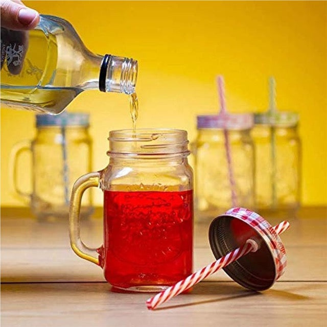 The Bar Shop Transparent Glass Mason Jar with Colorful Lid and Reusable Straw (Set Of 2)-Boozlo