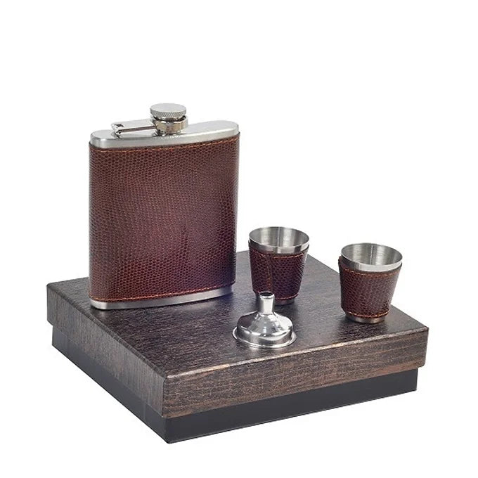 The Bar Shop Leather Covered Bar Set of Hip Flask with 2 Shot Glass and Filler-Boozlo