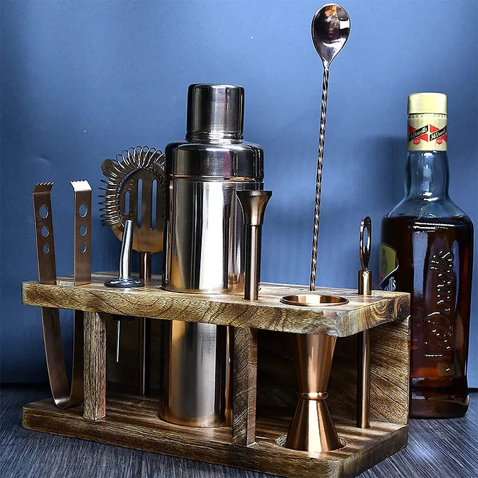 The Bar Shop - Bar Set of 8 Pieces Bar Accessories with Wooden Stand, Rose Gold-Boozlo