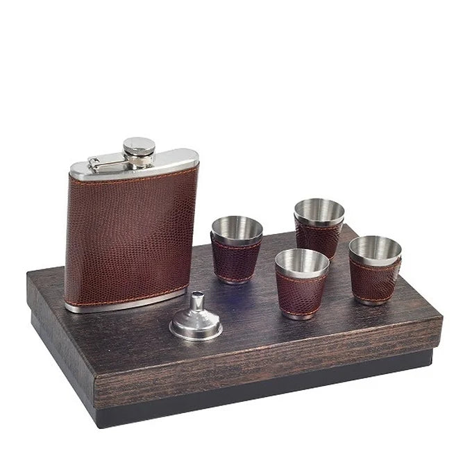 The Bar Shop Leather Covered Hip Flask Set with Shot Glasses and Filler-Boozlo