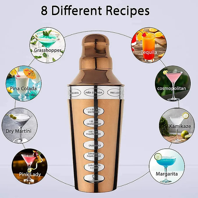 The Bar Shop Stainless Steel 8 Drink Recipe Cocktail Shaker with Strainer - 750ml-Boozlo