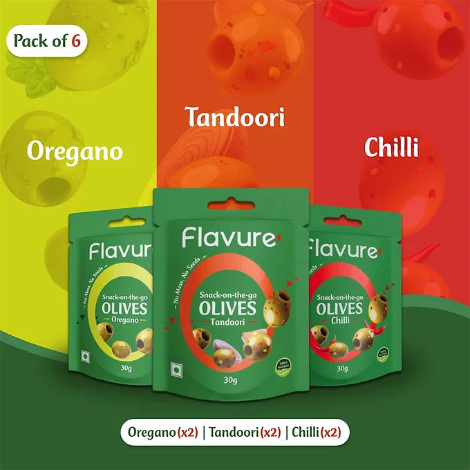 Flavure Olives Oregano, Tandoori &amp; Chilli - 30gms each (Pack of 6)-Boozlo