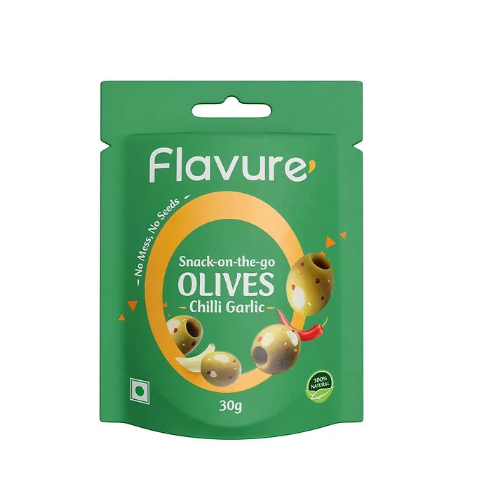 Flavure Snack-on-the-go Olives Chilli Garlic - 30gms each (Pack of 12)-Boozlo
